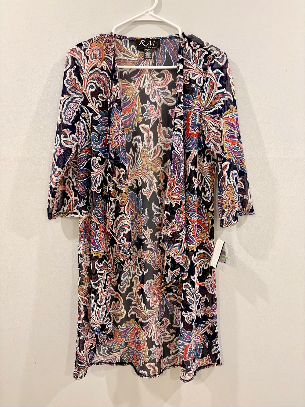 RM By RM Richards Navy Multi Paisley Sheer Mesh Duster Boho Jacket NWT Size 8